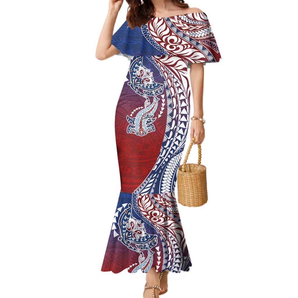 Hawaiian Manta Ray and Hammerhead Shark Tribal Tattoo Family Matching Mermaid Dress and Hawaiian Shirt with Polynesian Tribal Pattern Hawaii Flag Color