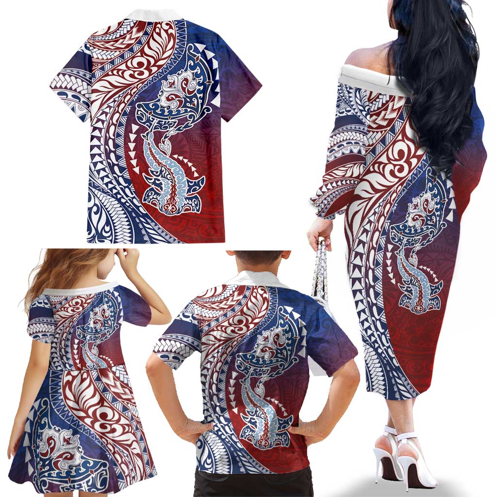 Hawaiian Manta Ray and Hammerhead Shark Tribal Tattoo Family Matching Off The Shoulder Long Sleeve Dress and Hawaiian Shirt with Polynesian Tribal Pattern Hawaii Flag Color