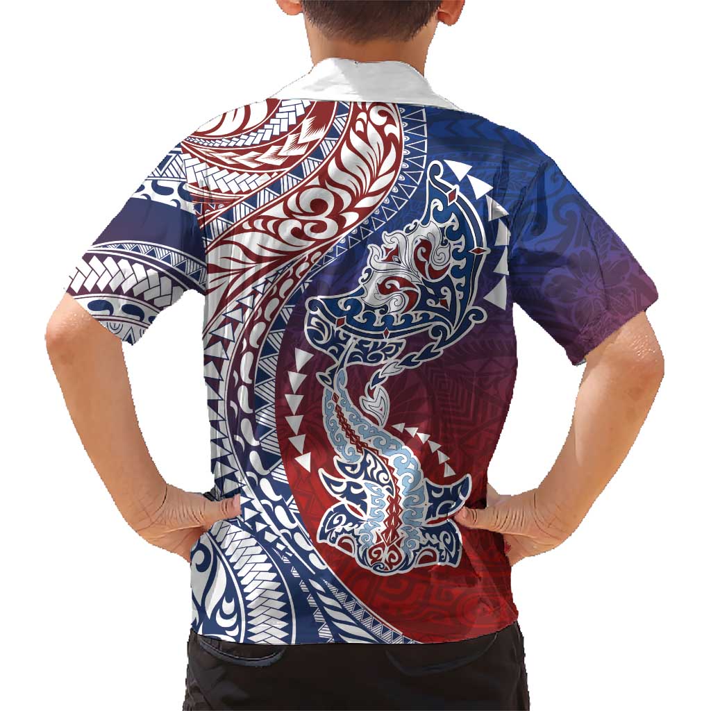 Hawaiian Manta Ray and Hammerhead Shark Tribal Tattoo Family Matching Off Shoulder Short Dress and Hawaiian Shirt with Polynesian Tribal Pattern Hawaii Flag Color