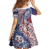 Hawaiian Manta Ray and Hammerhead Shark Tribal Tattoo Family Matching Off Shoulder Short Dress and Hawaiian Shirt with Polynesian Tribal Pattern Hawaii Flag Color