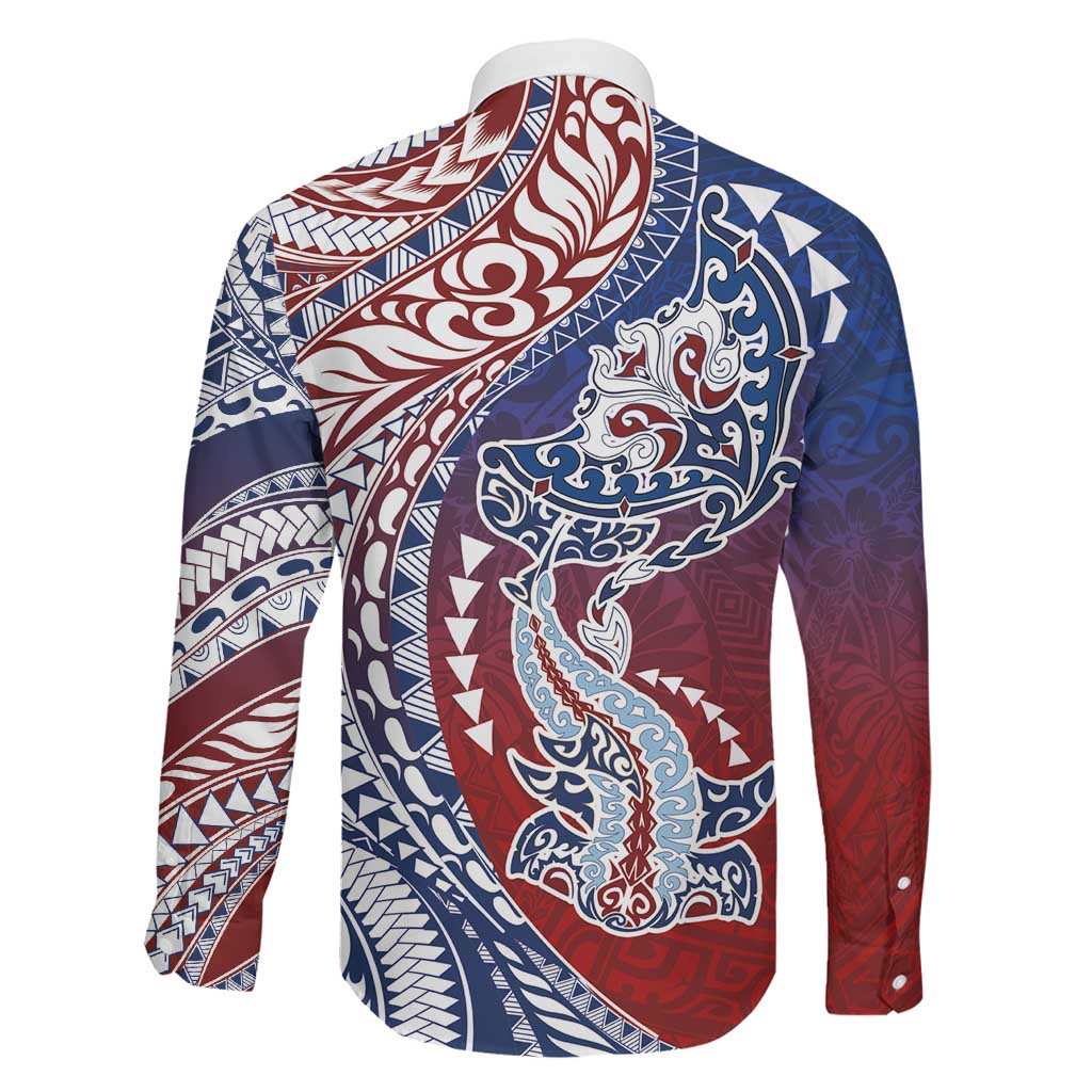 Hawaiian Manta Ray and Hammerhead Shark Tribal Tattoo Family Matching Off Shoulder Short Dress and Hawaiian Shirt with Polynesian Tribal Pattern Hawaii Flag Color