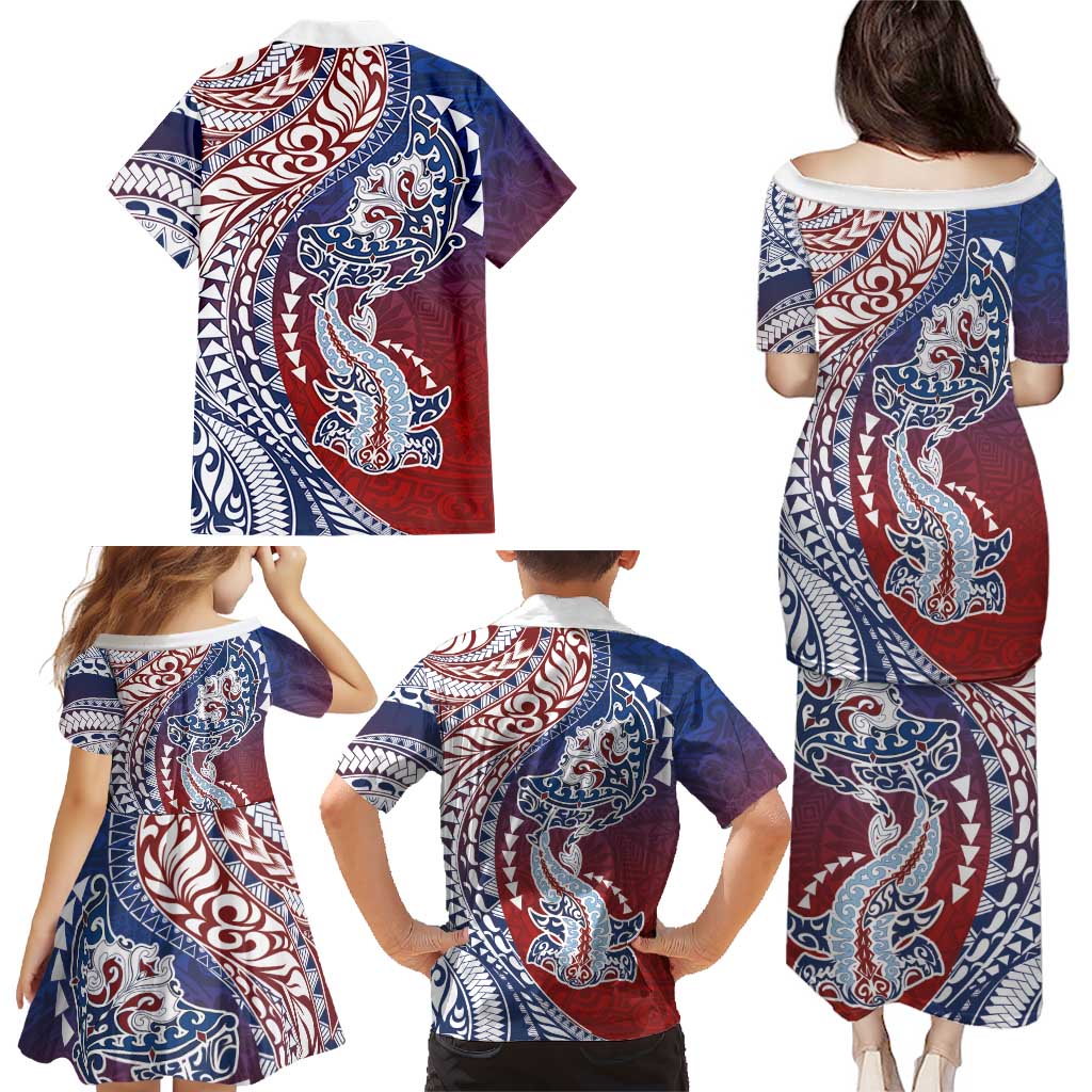 Hawaiian Manta Ray and Hammerhead Shark Tribal Tattoo Family Matching Puletasi and Hawaiian Shirt with Polynesian Tribal Pattern Hawaii Flag Color