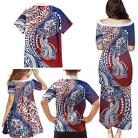 Hawaiian Manta Ray and Hammerhead Shark Tribal Tattoo Family Matching Puletasi and Hawaiian Shirt with Polynesian Tribal Pattern Hawaii Flag Color