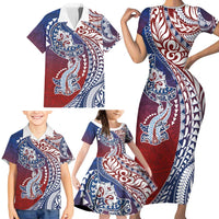 Hawaiian Manta Ray and Hammerhead Shark Tribal Tattoo Family Matching Short Sleeve Bodycon Dress and Hawaiian Shirt with Polynesian Tribal Pattern Hawaii Flag Color