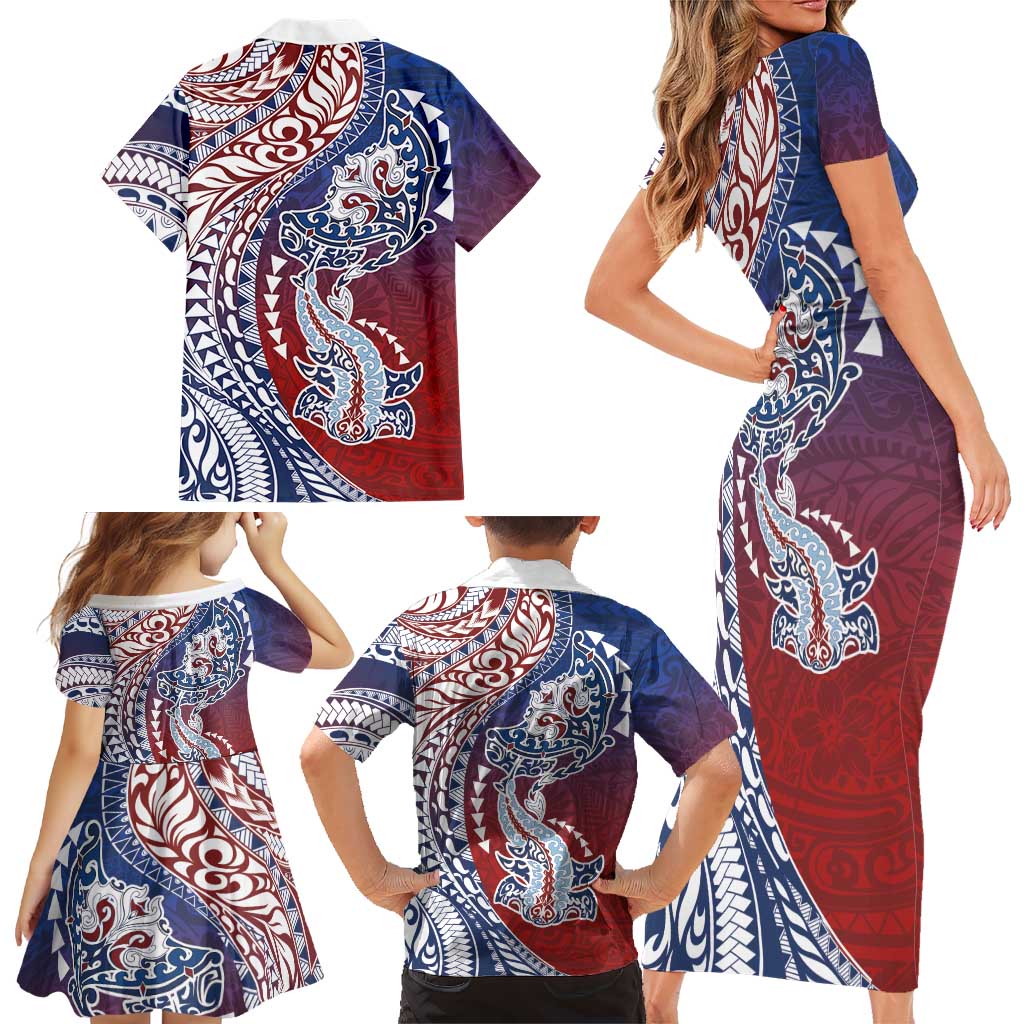Hawaiian Manta Ray and Hammerhead Shark Tribal Tattoo Family Matching Short Sleeve Bodycon Dress and Hawaiian Shirt with Polynesian Tribal Pattern Hawaii Flag Color