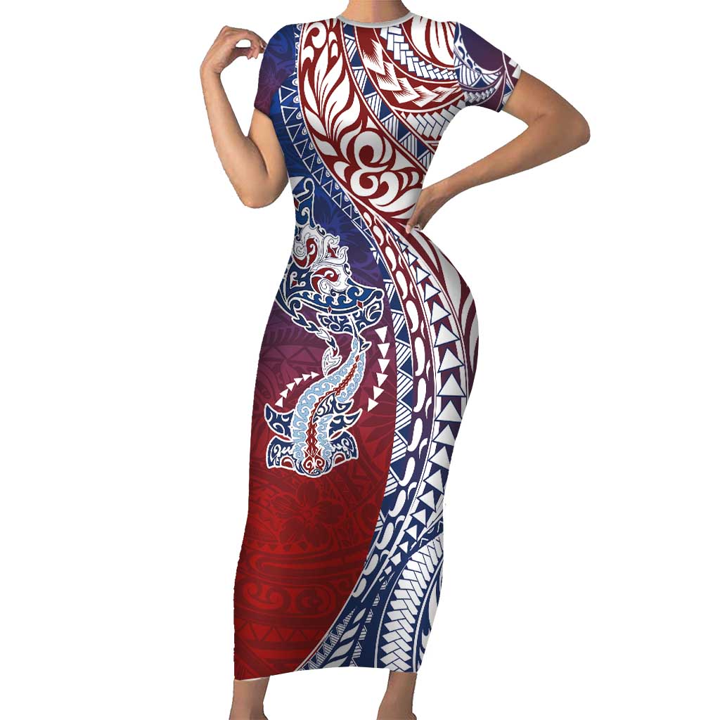 Hawaiian Manta Ray and Hammerhead Shark Tribal Tattoo Family Matching Short Sleeve Bodycon Dress and Hawaiian Shirt with Polynesian Tribal Pattern Hawaii Flag Color