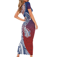 Hawaiian Manta Ray and Hammerhead Shark Tribal Tattoo Family Matching Short Sleeve Bodycon Dress and Hawaiian Shirt with Polynesian Tribal Pattern Hawaii Flag Color