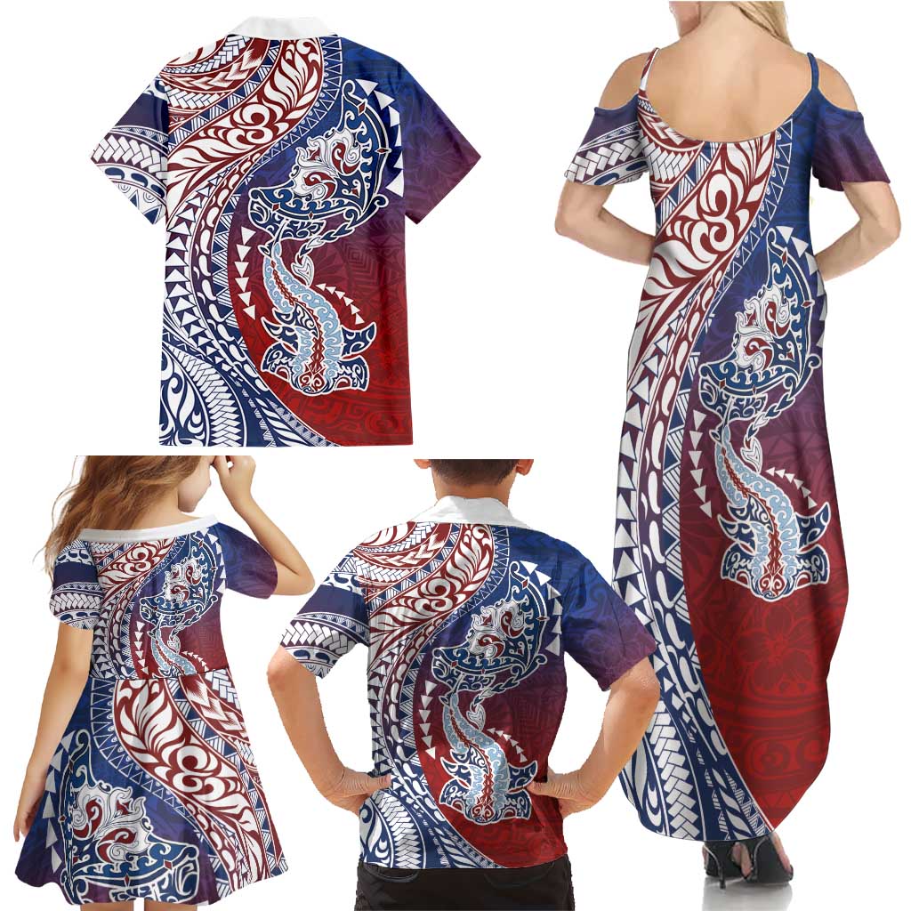 Hawaiian Manta Ray and Hammerhead Shark Tribal Tattoo Family Matching Summer Maxi Dress and Hawaiian Shirt with Polynesian Tribal Pattern Hawaii Flag Color