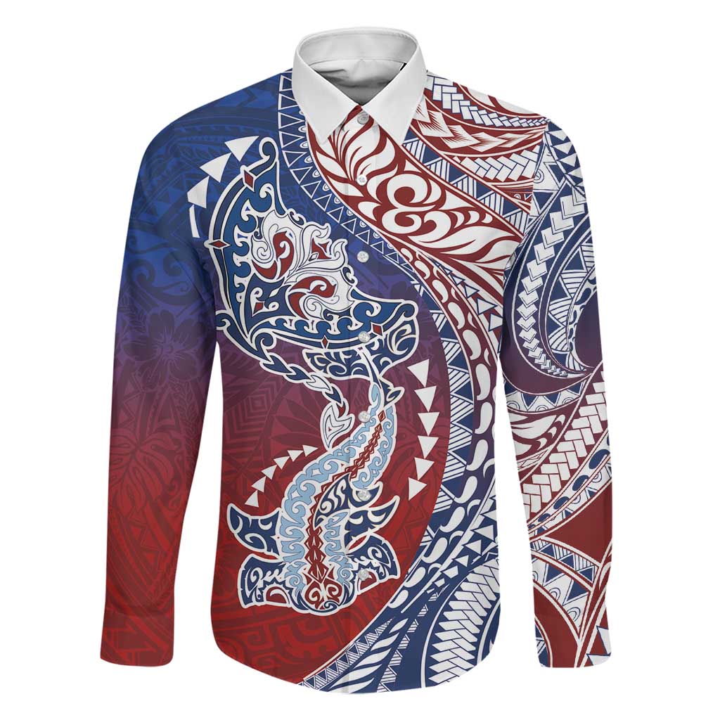 Hawaiian Manta Ray and Hammerhead Shark Tribal Tattoo Family Matching Summer Maxi Dress and Hawaiian Shirt with Polynesian Tribal Pattern Hawaii Flag Color