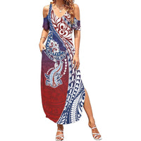 Hawaiian Manta Ray and Hammerhead Shark Tribal Tattoo Family Matching Summer Maxi Dress and Hawaiian Shirt with Polynesian Tribal Pattern Hawaii Flag Color