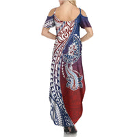 Hawaiian Manta Ray and Hammerhead Shark Tribal Tattoo Family Matching Summer Maxi Dress and Hawaiian Shirt with Polynesian Tribal Pattern Hawaii Flag Color