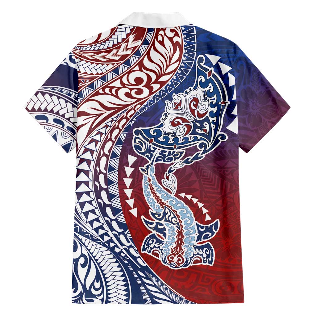 Hawaiian Manta Ray and Hammerhead Shark Tribal Tattoo Hawaiian Shirt with Polynesian Tribal Pattern Hawaii Flag Color