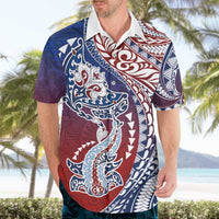 Hawaiian Manta Ray and Hammerhead Shark Tribal Tattoo Hawaiian Shirt with Polynesian Tribal Pattern Hawaii Flag Color