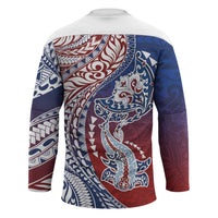 Hawaiian Manta Ray and Hammerhead Shark Tribal Tattoo Hockey Jersey with Polynesian Tribal Pattern Hawaii Flag Color