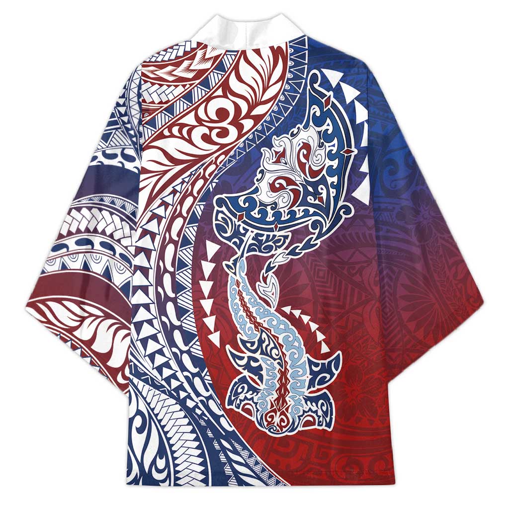 Hawaiian Manta Ray and Hammerhead Shark Tribal Tattoo Kimono with Polynesian Tribal Pattern Hawaii Flag Color LT03 - Polynesian Pride