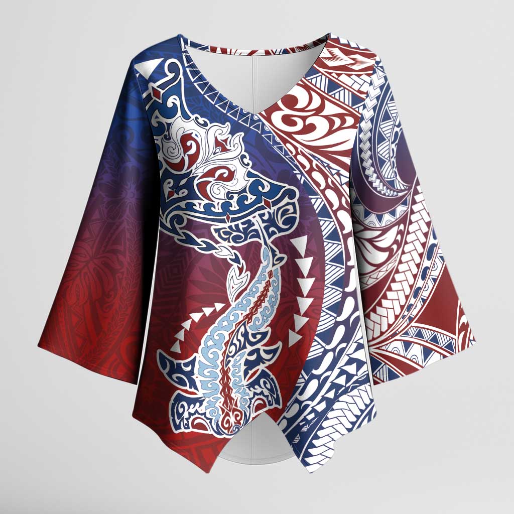 Hawaiian Manta Ray and Hammerhead Shark Tribal Tattoo Kimono Sleeve Blouse with Polynesian Tribal Pattern Hawaii Flag Color LT03 Female Multicolor - Polynesian Pride