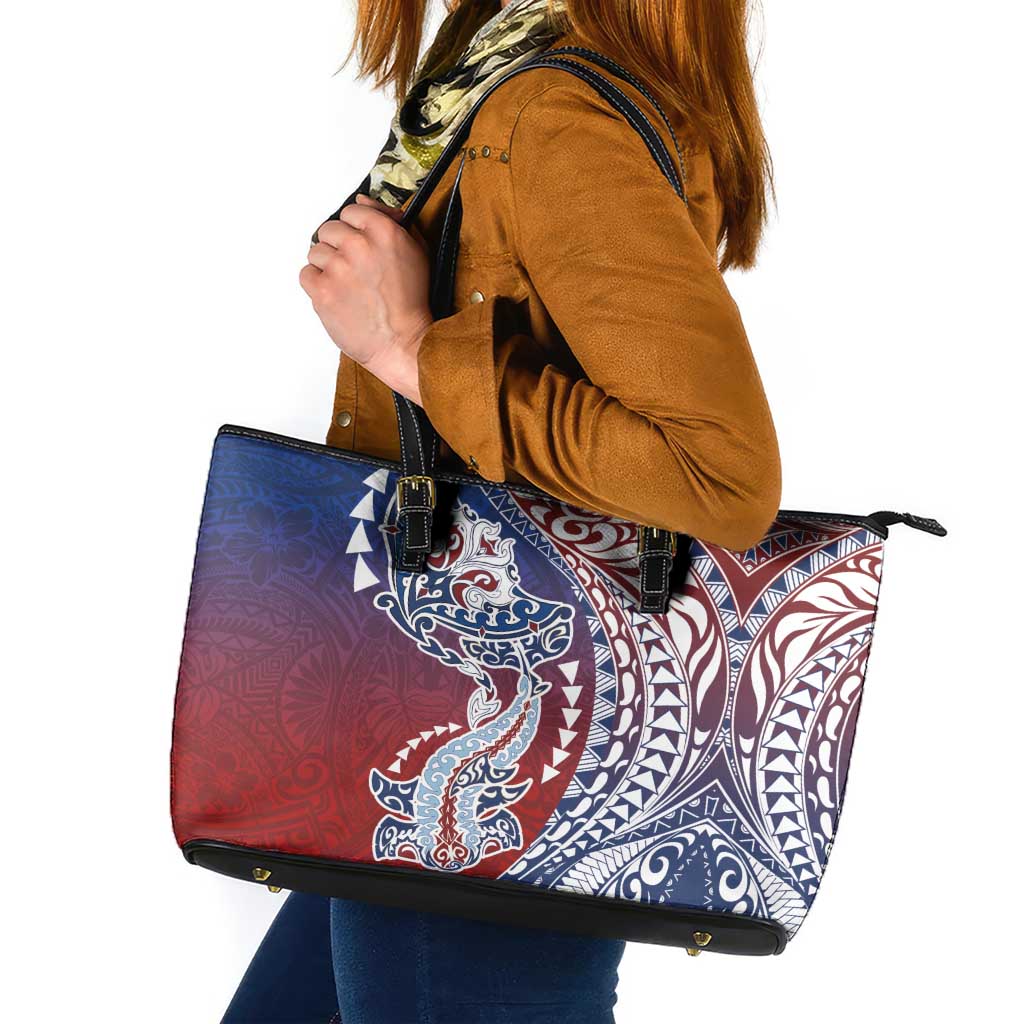 Hawaiian Manta Ray and Hammerhead Shark Tribal Tattoo Leather Tote Bag with Polynesian Tribal Pattern Hawaii Flag Color LT03 Multicolor - Polynesian Pride