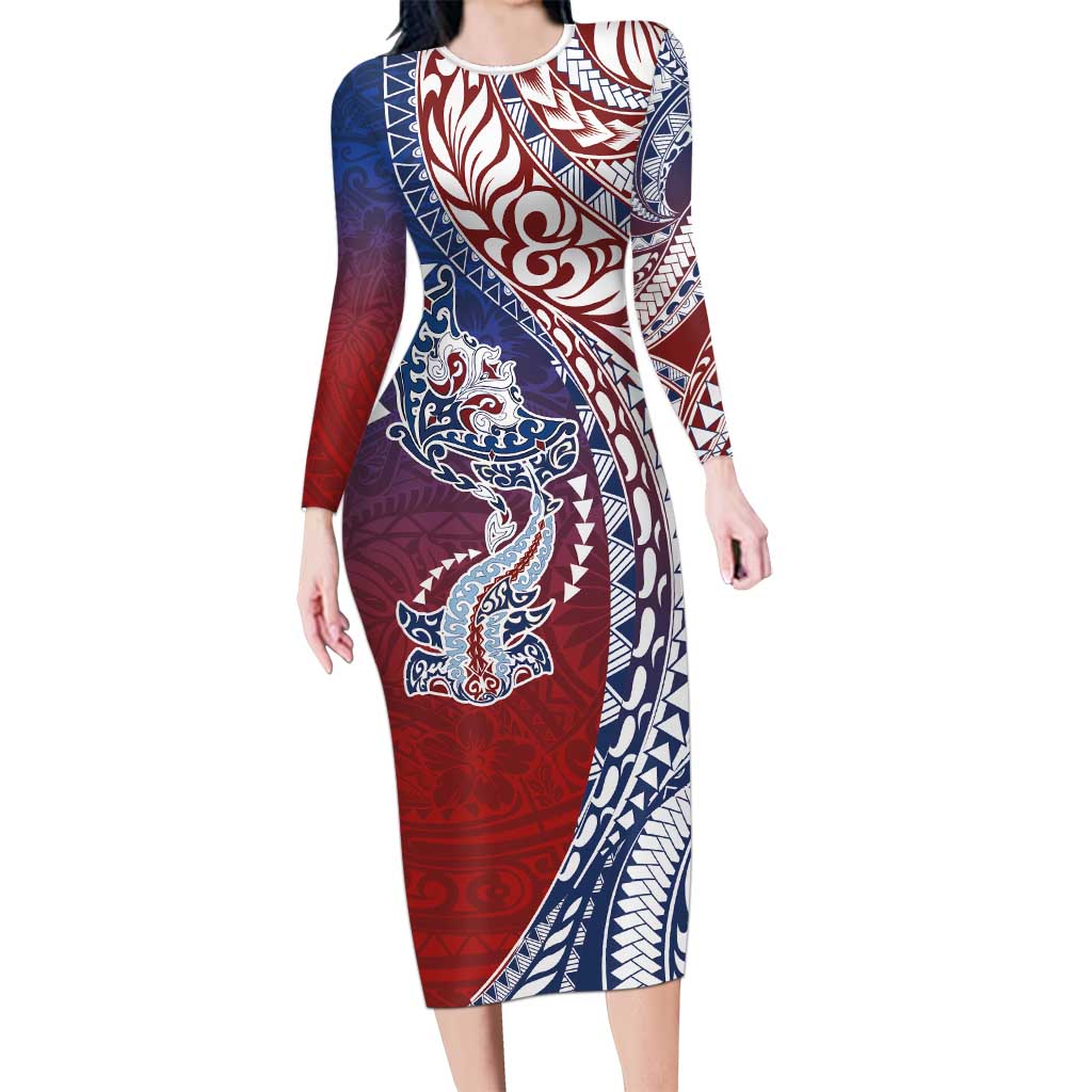 Hawaiian Manta Ray and Hammerhead Shark Tribal Tattoo Long Sleeve Bodycon Dress with Polynesian Tribal Pattern Hawaii Flag Color LT03 Long Dress Multicolor - Polynesian Pride