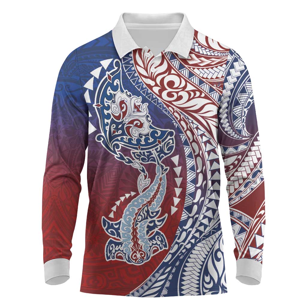 Hawaiian Manta Ray and Hammerhead Shark Tribal Tattoo Long Sleeve Polo Shirt with Polynesian Tribal Pattern Hawaii Flag Color LT03 Multicolor - Polynesian Pride