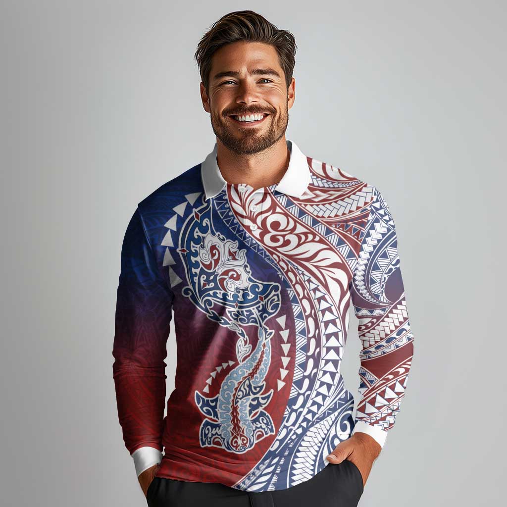 Hawaiian Manta Ray and Hammerhead Shark Tribal Tattoo Long Sleeve Polo Shirt with Polynesian Tribal Pattern Hawaii Flag Color