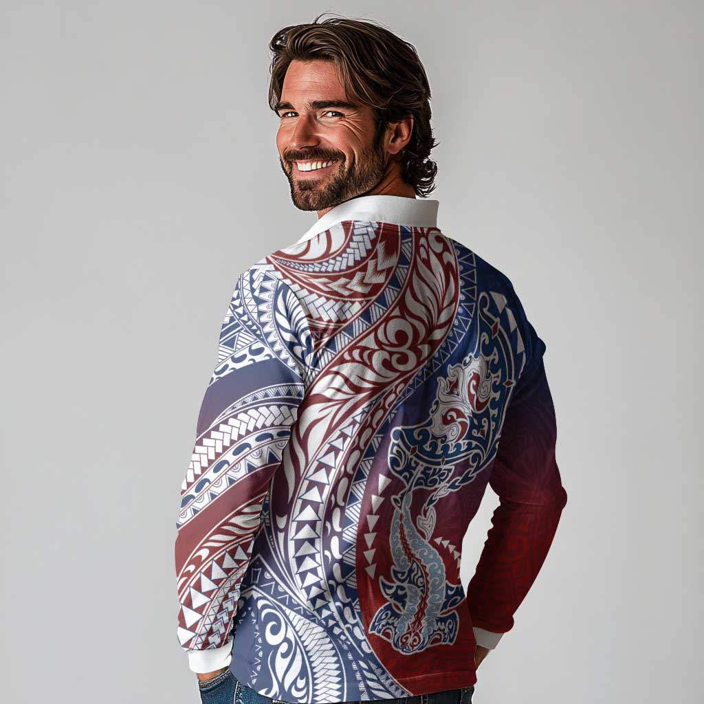 Hawaiian Manta Ray and Hammerhead Shark Tribal Tattoo Long Sleeve Polo Shirt with Polynesian Tribal Pattern Hawaii Flag Color