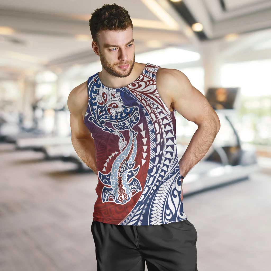 Hawaiian Manta Ray and Hammerhead Shark Tribal Tattoo Men Tank Top with Polynesian Tribal Pattern Hawaii Flag Color LT03 Multicolor - Polynesian Pride