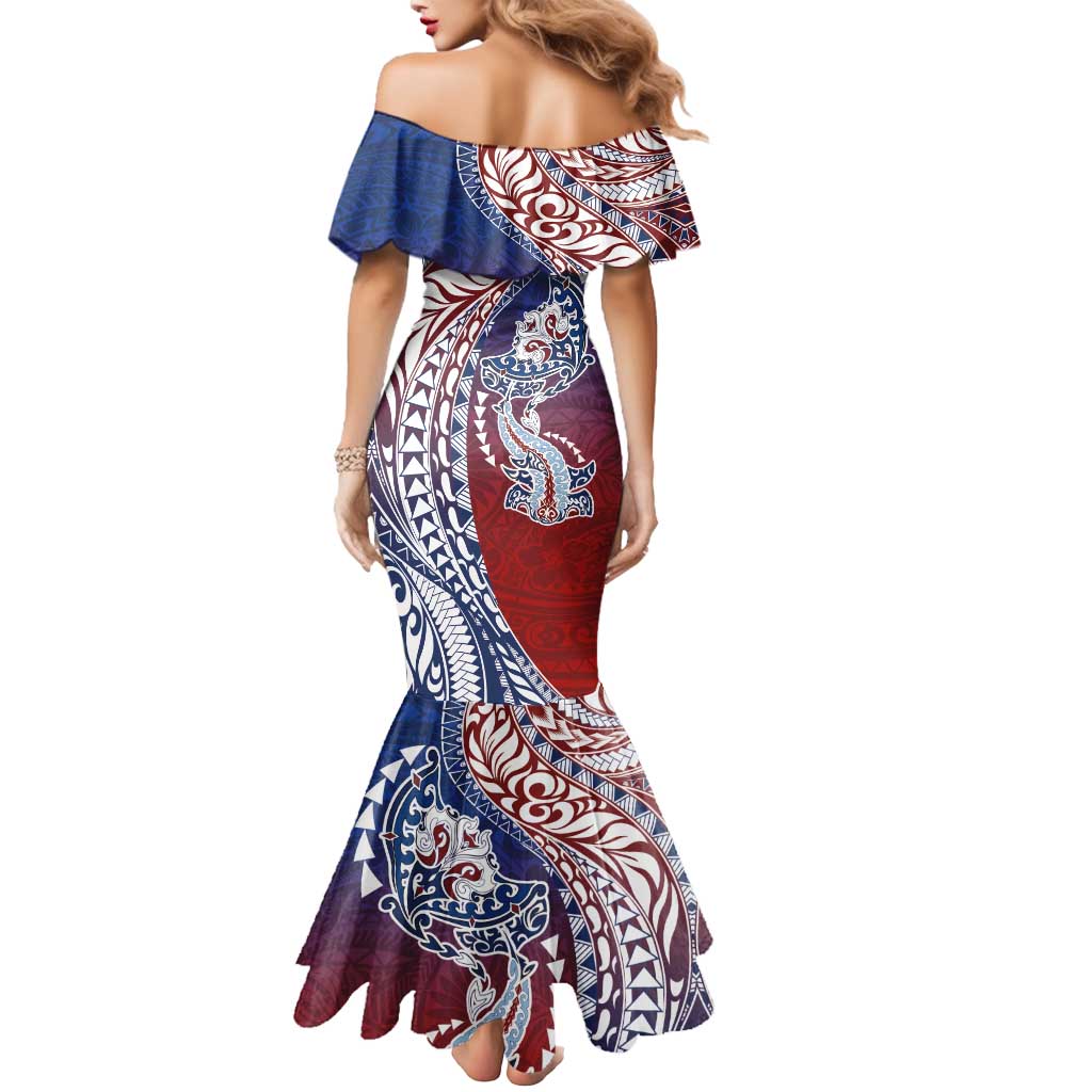 Hawaiian Manta Ray and Hammerhead Shark Tribal Tattoo Mermaid Dress with Polynesian Tribal Pattern Hawaii Flag Color