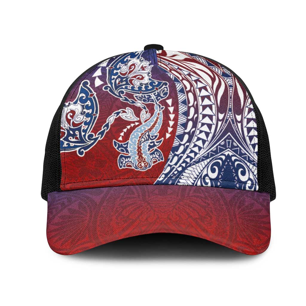 Hawaiian Manta Ray and Hammerhead Shark Tribal Tattoo Mesh Trucker Cap with Polynesian Tribal Pattern Hawaii Flag Color LT03 One Size Black Multicolor - Polynesian Pride