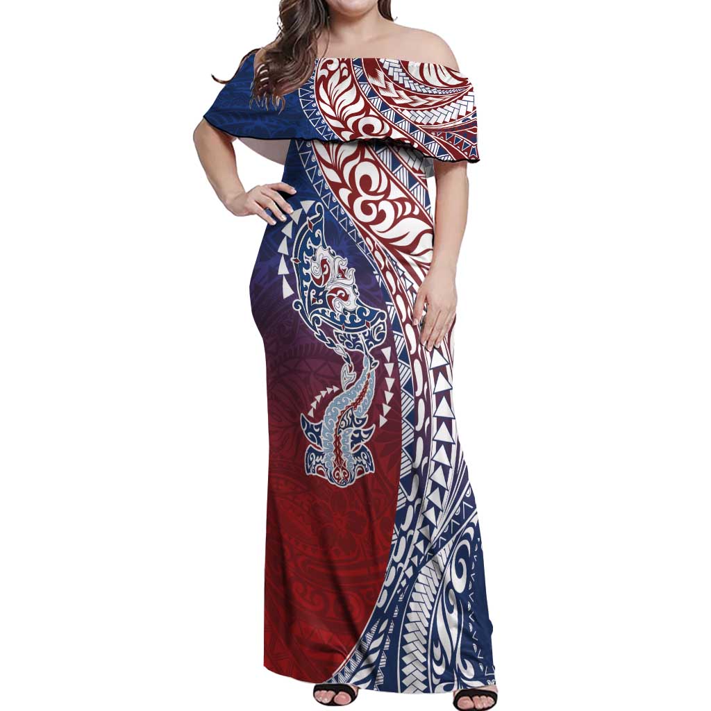 Hawaiian Manta Ray and Hammerhead Shark Tribal Tattoo Off Shoulder Maxi Dress with Polynesian Tribal Pattern Hawaii Flag Color