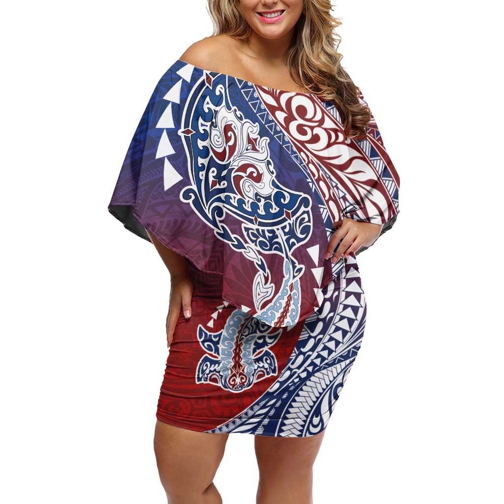 Hawaiian Manta Ray and Hammerhead Shark Tribal Tattoo Off Shoulder Short Dress with Polynesian Tribal Pattern Hawaii Flag Color