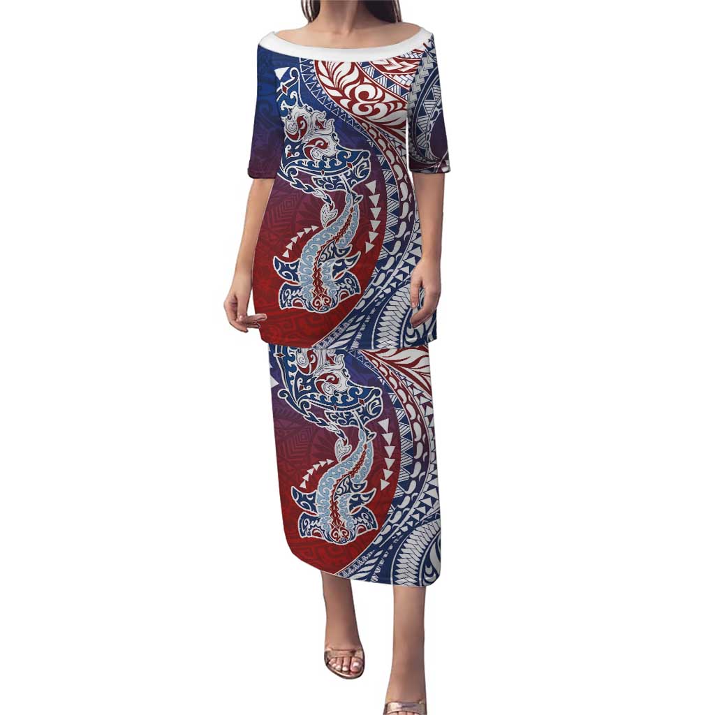 Hawaiian Manta Ray and Hammerhead Shark Tribal Tattoo Puletasi with Polynesian Tribal Pattern Hawaii Flag Color LT03 Long Dress Multicolor - Polynesian Pride