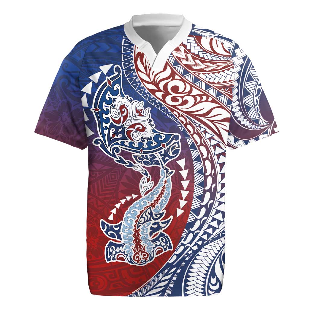 Hawaiian Manta Ray and Hammerhead Shark Tribal Tattoo Rugby Jersey with Polynesian Tribal Pattern Hawaii Flag Color