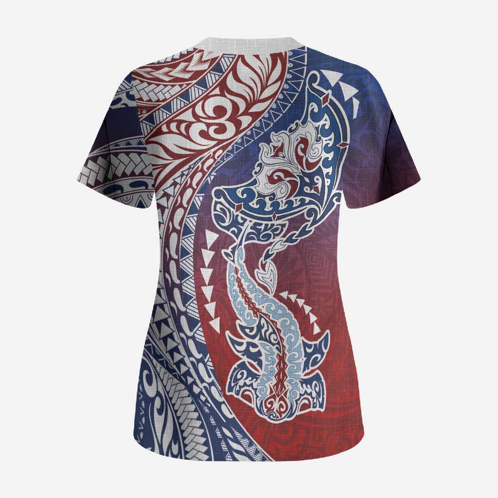 Hawaiian Manta Ray and Hammerhead Shark Tribal Tattoo Scrub Top with Polynesian Tribal Pattern Hawaii Flag Color LT03 - Polynesian Pride