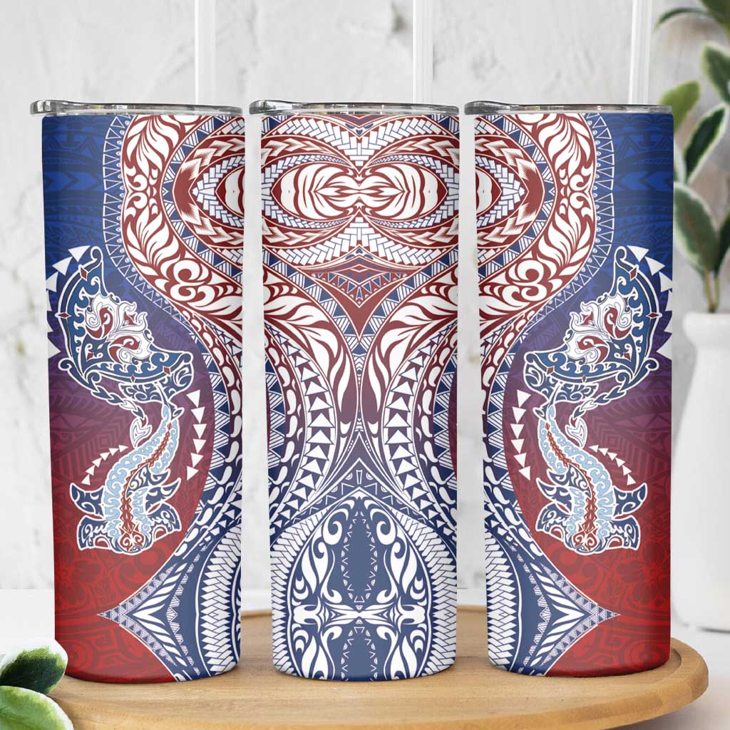 Hawaiian Manta Ray and Hammerhead Shark Tribal Tattoo Skinny Tumbler with Polynesian Tribal Pattern Hawaii Flag Color