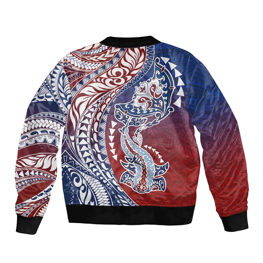 Hawaiian Manta Ray and Hammerhead Shark Tribal Tattoo Sleeve Zip Bomber Jacket with Polynesian Tribal Pattern Hawaii Flag Color