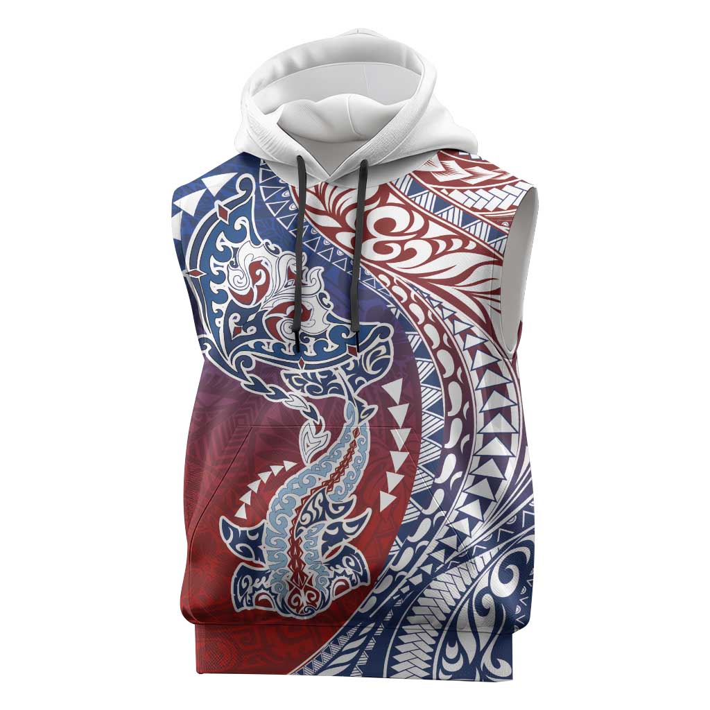 Hawaiian Manta Ray and Hammerhead Shark Tribal Tattoo Sleeveless Hoodie with Polynesian Tribal Pattern Hawaii Flag Color