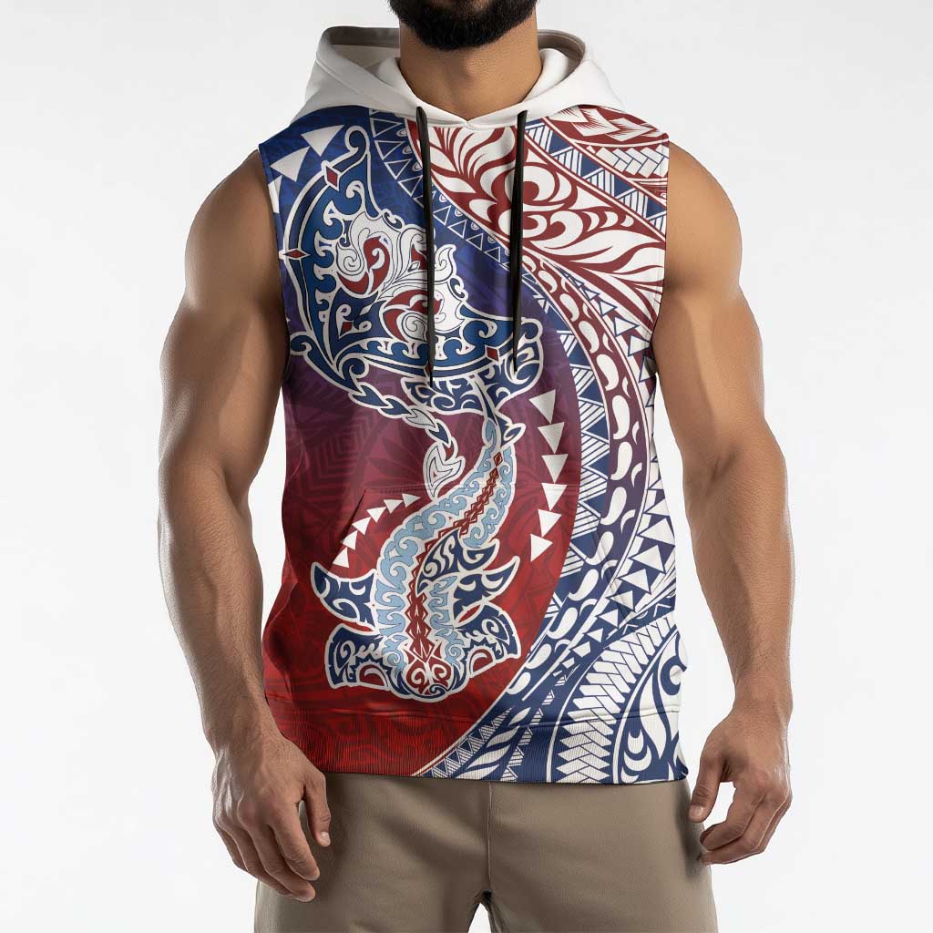 Hawaiian Manta Ray and Hammerhead Shark Tribal Tattoo Sleeveless Hoodie with Polynesian Tribal Pattern Hawaii Flag Color
