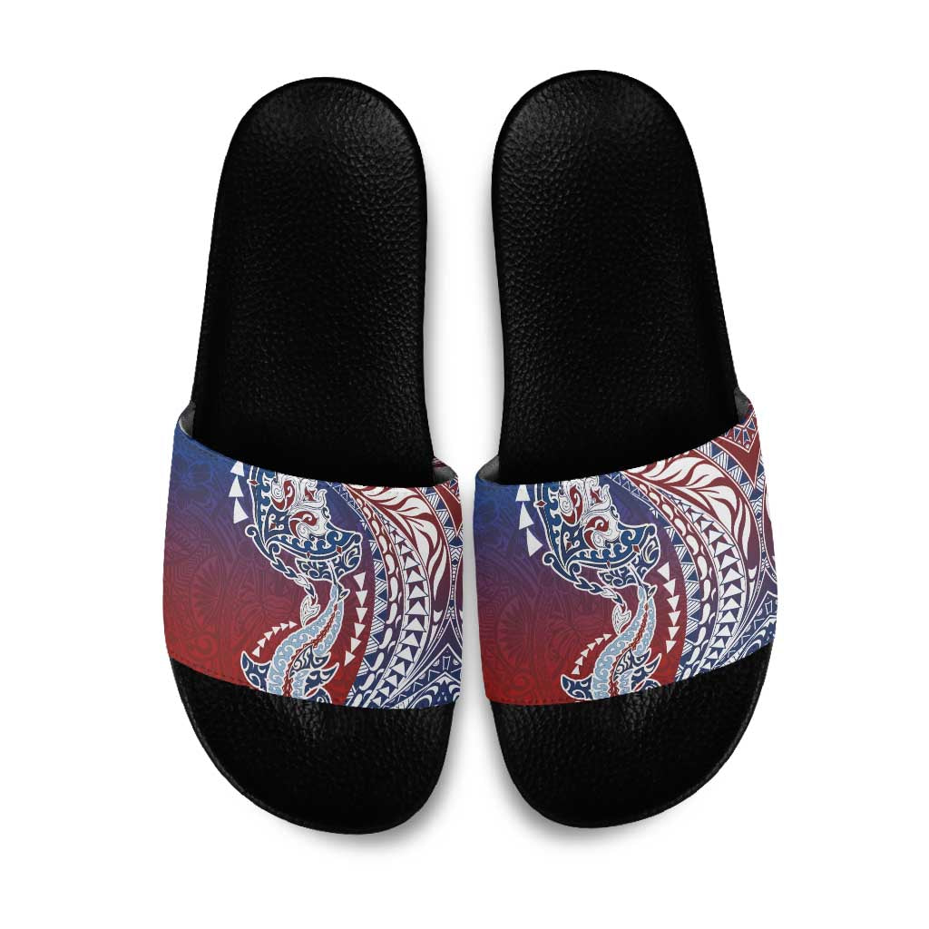 Hawaiian Manta Ray and Hammerhead Shark Tribal Tattoo Slide Sandals with Polynesian Tribal Pattern Hawaii Flag Color LT03 Multicolor - Polynesian Pride