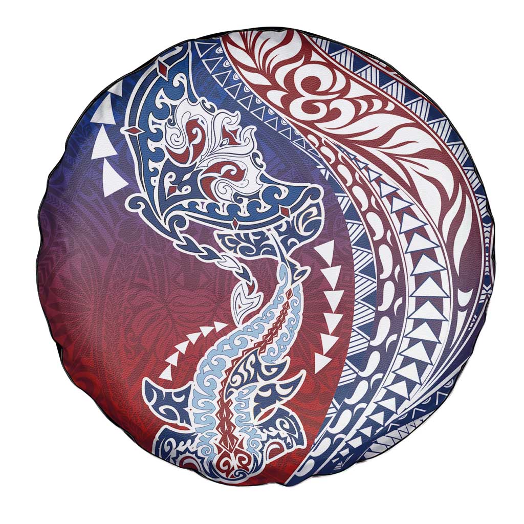 Hawaiian Manta Ray and Hammerhead Shark Tribal Tattoo Spare Tire Cover with Polynesian Tribal Pattern Hawaii Flag Color