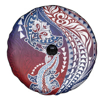 Hawaiian Manta Ray and Hammerhead Shark Tribal Tattoo Spare Tire Cover with Polynesian Tribal Pattern Hawaii Flag Color