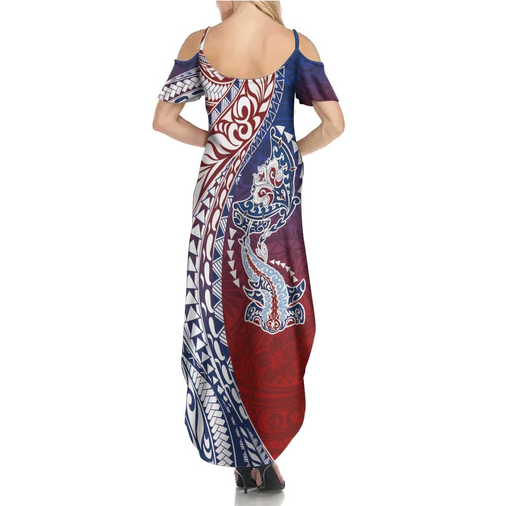 Hawaiian Manta Ray and Hammerhead Shark Tribal Tattoo Summer Maxi Dress with Polynesian Tribal Pattern Hawaii Flag Color