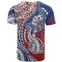 Hawaiian Manta Ray and Hammerhead Shark Tribal Tattoo T Shirt with Polynesian Tribal Pattern Hawaii Flag Color