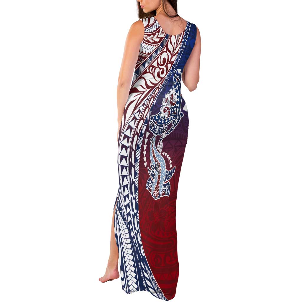 Hawaiian Manta Ray and Hammerhead Shark Tribal Tattoo Tank Maxi Dress with Polynesian Tribal Pattern Hawaii Flag Color