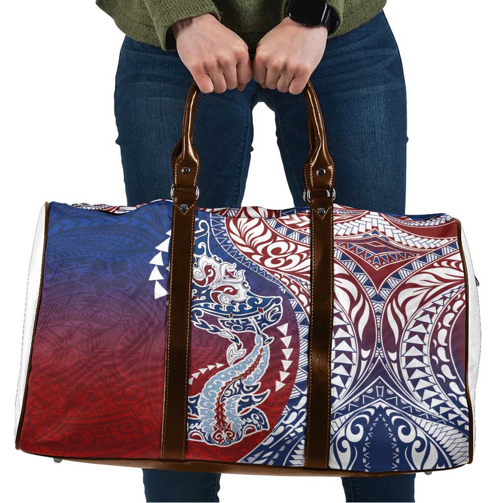 Hawaiian Manta Ray and Hammerhead Shark Tribal Tattoo Travel Bag with Polynesian Tribal Pattern Hawaii Flag Color