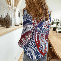 Hawaiian Manta Ray and Hammerhead Shark Tribal Tattoo Women Casual Shirt with Polynesian Tribal Pattern Hawaii Flag Color