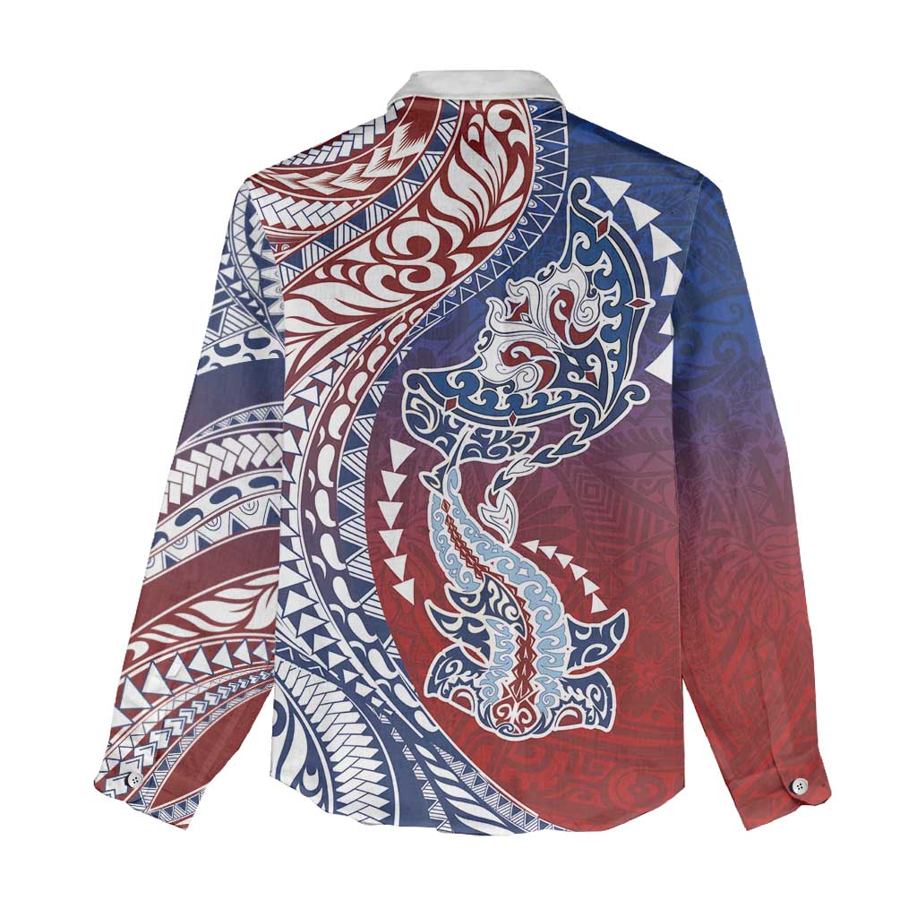 Hawaiian Manta Ray and Hammerhead Shark Tribal Tattoo Women Casual Shirt with Polynesian Tribal Pattern Hawaii Flag Color