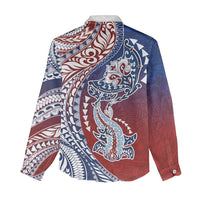 Hawaiian Manta Ray and Hammerhead Shark Tribal Tattoo Women Casual Shirt with Polynesian Tribal Pattern Hawaii Flag Color