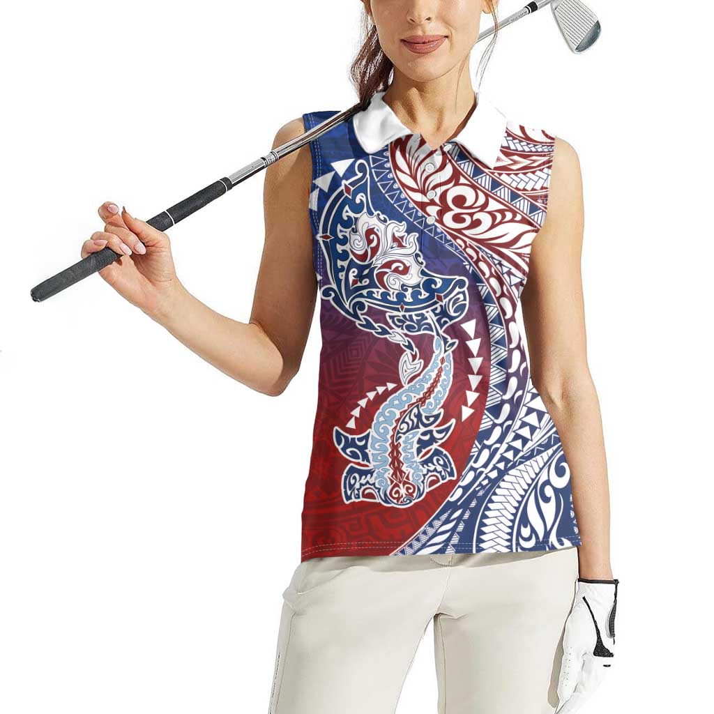 Hawaiian Manta Ray and Hammerhead Shark Tribal Tattoo Women Sleeveless Polo Shirt with Polynesian Tribal Pattern Hawaii Flag Color