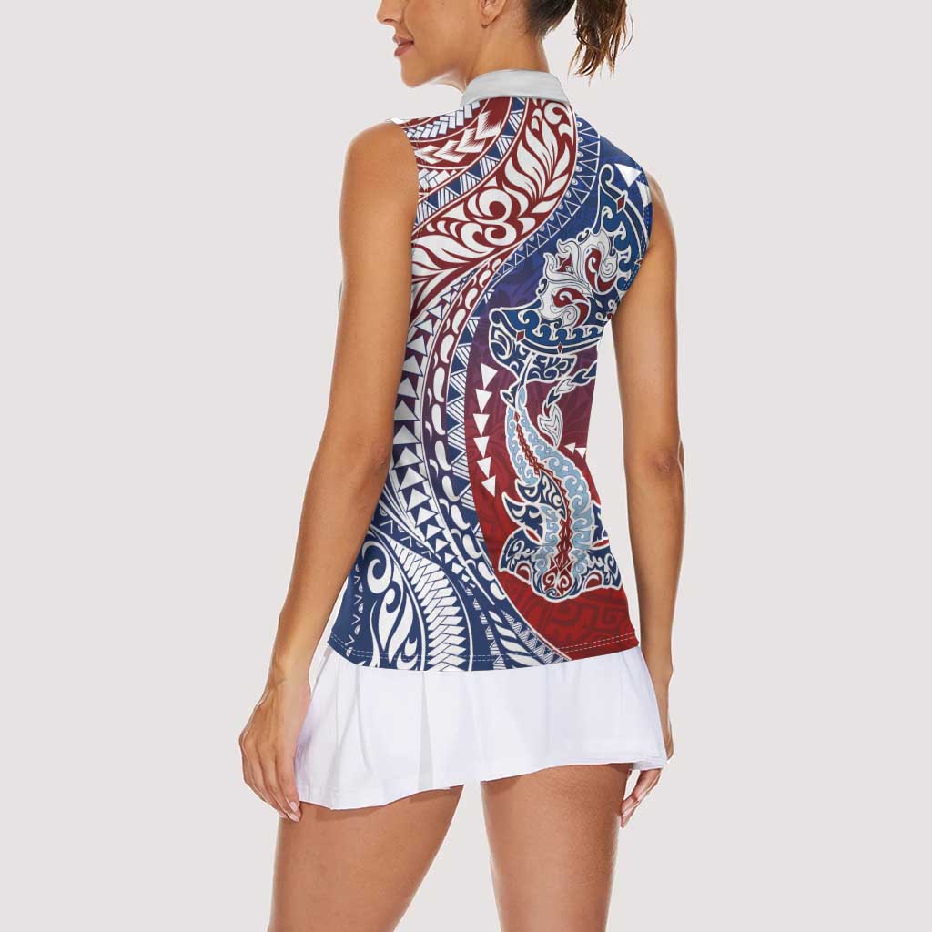 Hawaiian Manta Ray and Hammerhead Shark Tribal Tattoo Women Sleeveless Polo Shirt with Polynesian Tribal Pattern Hawaii Flag Color