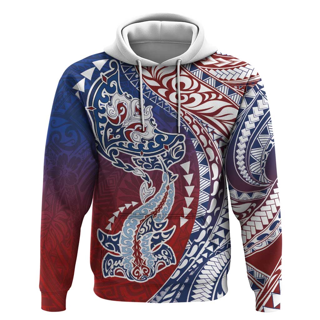 Hawaiian Manta Ray and Hammerhead Shark Tribal Tattoo Zip Hoodie with Polynesian Tribal Pattern Hawaii Flag Color LT03 Pullover Hoodie Multicolor - Polynesian Pride